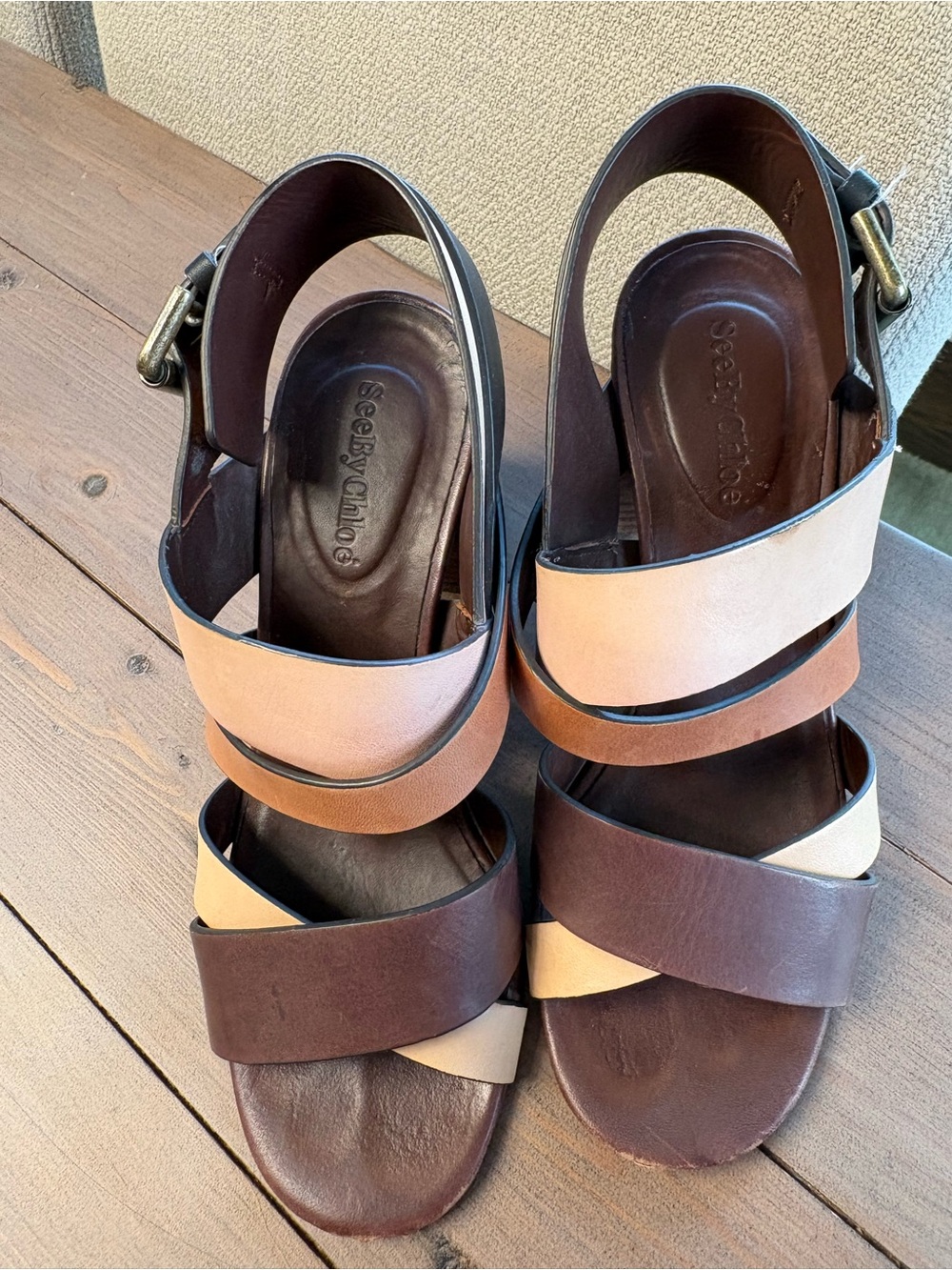 See By Chloe Tri-Panel Leather Slingback Sandals in Brown, Tan & Cream